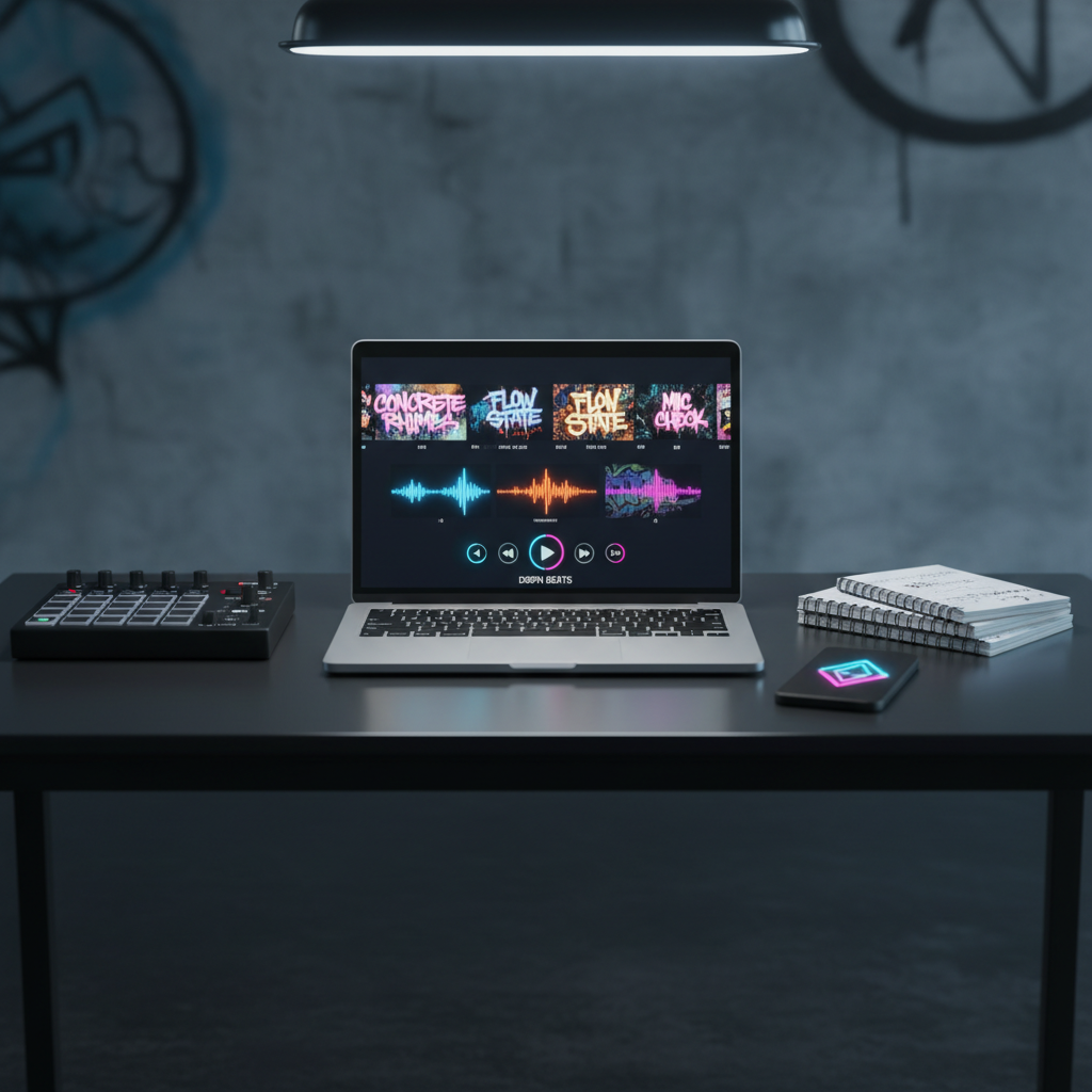 A clean, ultra-modern workspace without any people, featuring an open laptop on a sleek black metal table. On the screen, a stylized hip-hop video platform interface shows bold thumbnails with graffiti-inspired titles, waveform previews, and colorful playback controls. Around the laptop sit a rugged portable MIDI controller, a small stack of marked beat notebooks, and a matte black smartphone with a neon DSPN logo glowing. Soft, cool-toned studio lighting from above creates crisp reflections and subtle shadows, while the background fades into a dark, blurred concrete wall with faint street-art textures. Photographic realism, eye-level composition, creating a bold, cinematic atmosphere that feels like the digital front door to a hip-hop culture network.