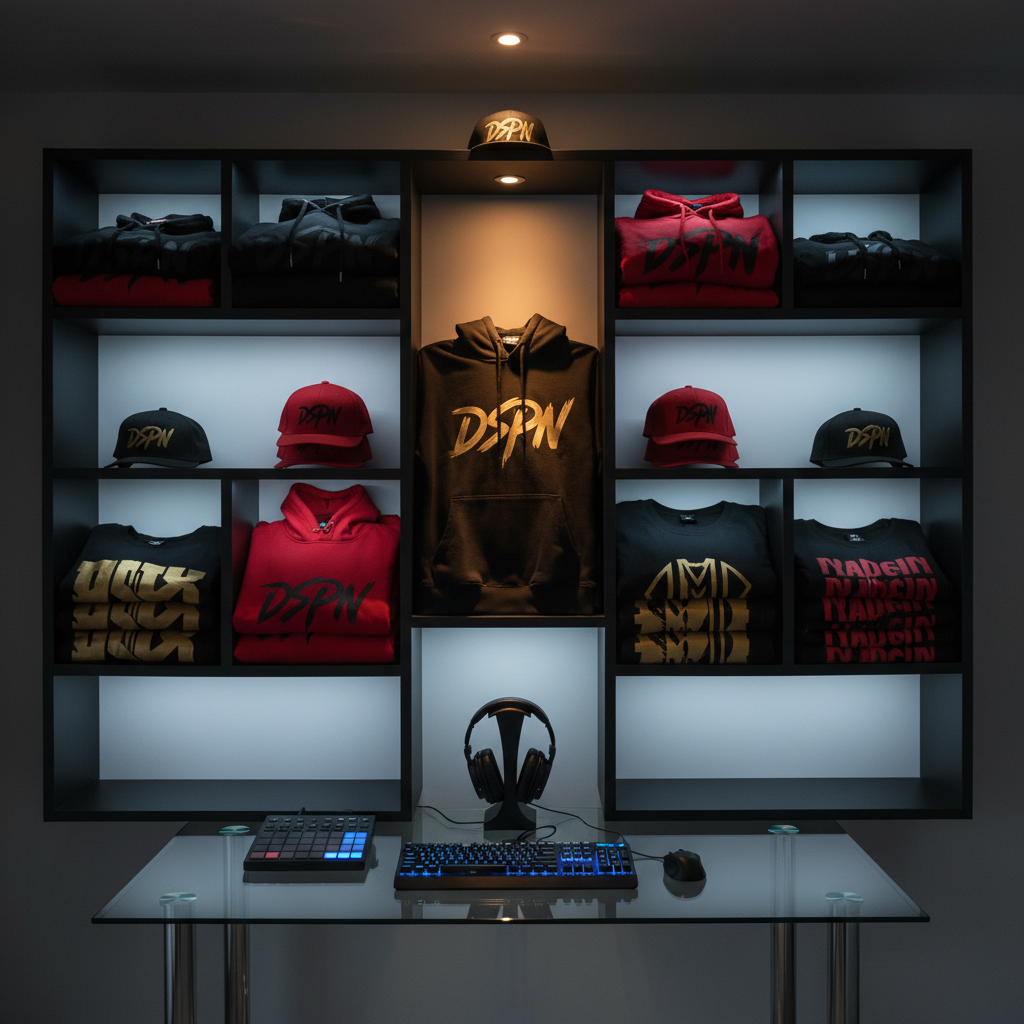 A high-end home studio corner without any people, showcasing a wall-mounted grid of floating black shelves displaying neatly folded streetwear hoodies, snapback caps, and bold graphic tees in deep blacks, rich reds, and metallic golds. Below, a minimalist glass desk holds a glowing mechanical keyboard, a compact MIDI pad controller, and a display stand featuring sleek branded headphones, all arranged with precise symmetry. Cool white LED strip lighting outlines the shelves, while a single warm spotlight highlights a central hoodie with a large, stylized DSPN emblem. Photographic realism, shot straight-on with sharp focus throughout. The atmosphere is polished and aspirational, blending hip-hop fashion and music gear to represent the site’s merch and beats marketplace.