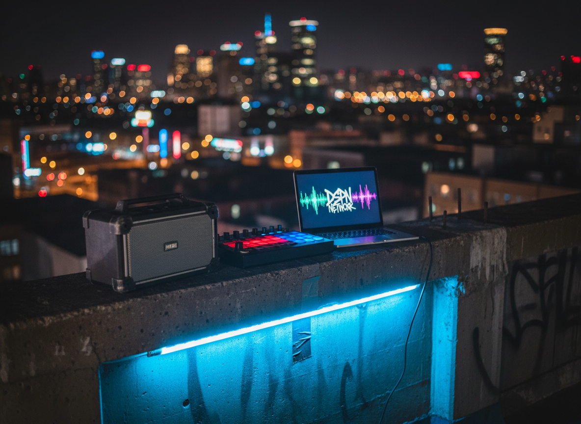 A bold, nighttime rooftop scene without any people, featuring a heavy, weathered concrete ledge where a rugged portable speaker, a compact drum pad unit, and a laptop with a glowing waveform-filled screen are arranged as if for an impromptu beat session. The city skyline in the background glows with neon signage and distant traffic, rendered in soft, colorful bokeh. A single cool-blue LED light strip taped along the ledge illuminates the gear, creating sharp highlights and deep shadows that emphasize angular shapes and textures. Photographic realism, shot from a low angle close to the gear, with the city rising behind. The mood is raw, rebellious, and creative, evoking hip-hop culture thriving in urban spaces and spontaneous content creation for the DSPN Network.