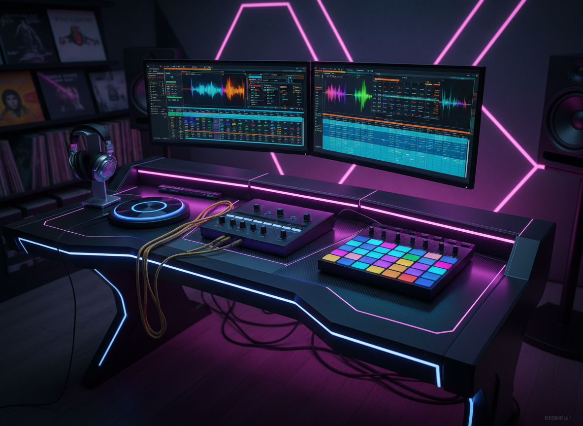 A bold, futuristic recording studio desk without any people, dominated by a matte black audio interface, luminous drum machine pads, and dual widescreen monitors showing vibrant waveforms and hip-hop beat timelines. Thick, braided gold audio cables and chrome-plated headphones rest on a glossy carbon-fiber surface. Neon magenta and electric-blue LED strip lights wrap the edges of the desk and wall panels, casting saturated reflections across brushed metal and glass. Photographic realism, shot from a slightly elevated, wide-angle perspective, with a shallow depth of field that blurs a background of stacked vinyl records and studio speakers. The mood is energetic and high-tech, suggesting a powerful digital hub for creating, editing, and sharing hip-hop content online.
