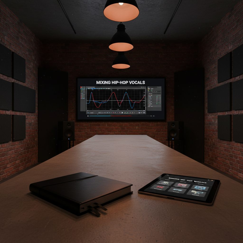 A cinematic, photographic scene of a dark, industrial-style classroom studio with no people, featuring a large wall-mounted screen displaying a paused video lesson on mixing hip-hop vocals, complete with detailed EQ curves and plugin windows. In front of the screen, a long concrete table holds a closed notebook with metallic edges, a slim tablet showing course modules, and a pair of studio monitor speakers on each end. Overhead, black pendant lights cast focused pools of warm light, leaving the surrounding brick walls and acoustic foam panels in soft shadow. Shot from a low angle toward the screen, with leading lines from the table drawing the eye forward. The mood is serious, focused, and empowering, visually reinforcing the idea of structured courses for creative growth.