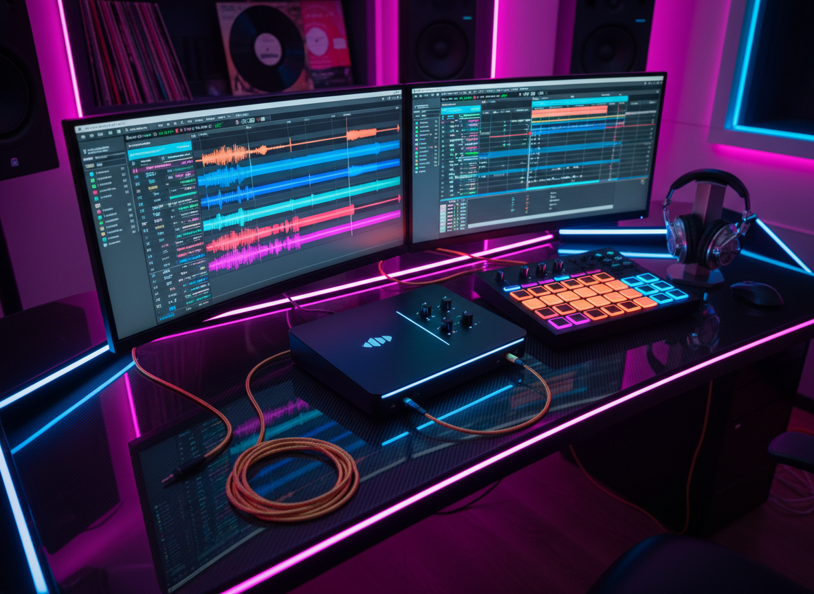 A bold, futuristic recording studio desk without any people, dominated by a matte black audio interface, luminous drum machine pads, and dual widescreen monitors showing vibrant waveforms and hip-hop beat timelines. Thick, braided gold audio cables and chrome-plated headphones rest on a glossy carbon-fiber surface. Neon magenta and electric-blue LED strip lights wrap the edges of the desk and wall panels, casting saturated reflections across brushed metal and glass. Photographic realism, shot from a slightly elevated, wide-angle perspective, with a shallow depth of field that blurs a background of stacked vinyl records and studio speakers. The mood is energetic and high-tech, suggesting a powerful digital hub for creating, editing, and sharing hip-hop content online.