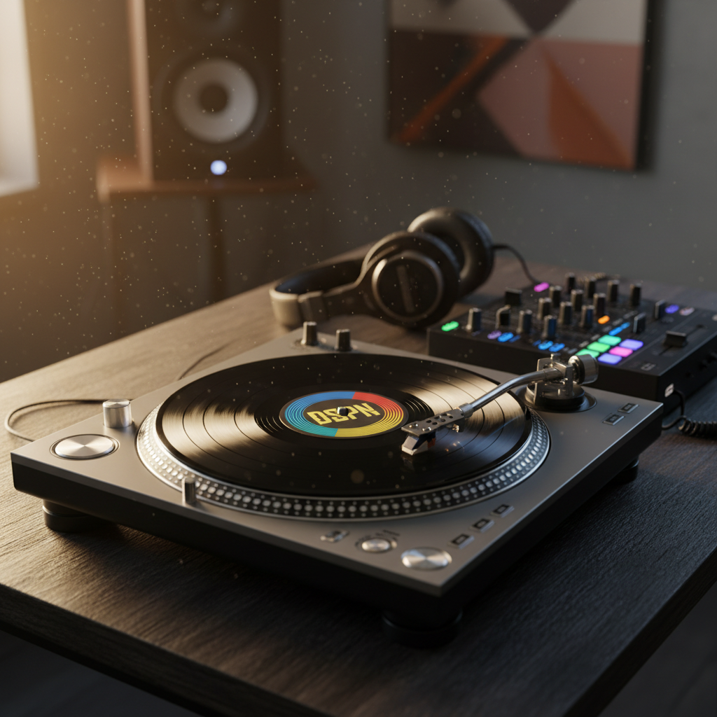 A tightly framed, photographic close-up of a professional DJ turntable and mixer setup with no human presence, placed on a dark wooden table with visible grain. The turntable features a jet-black vinyl record with a bright, graphic DSPN label, surrounded by brushed steel controls and glowing RGB mixer faders. A rugged pair of closed-back headphones rests near the crossfader, their leather texture sharply defined. Golden hour light slants in from the side, highlighting dust motes in the air and casting long, dramatic shadows across the gear. The background falls into a warm, blurred bokeh of studio monitors and abstract wall art. The mood is bold and focused, evoking the craft of beat-making and DJ culture at the heart of the site.